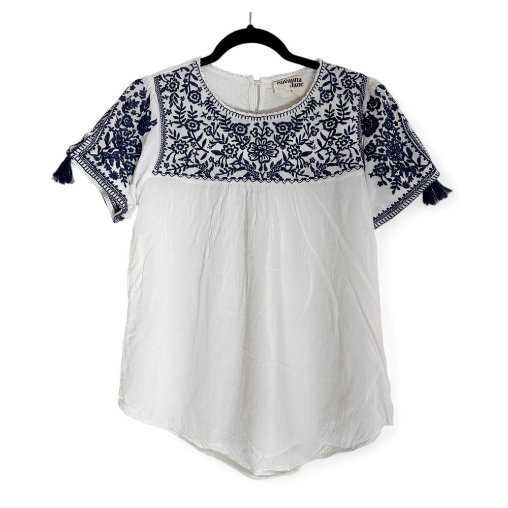 Savanna Jane White Floral Blue Embroidery Short Sleeve Top Boho‎ Casual Small